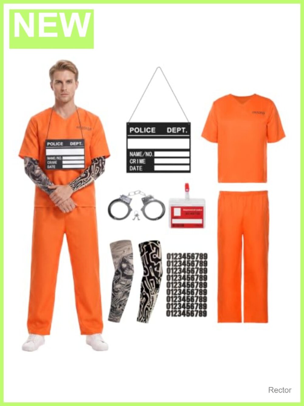 Prisoner Costume Men,5Pcs Orange Prison Jumpsuit with Tattoos, ID Badge